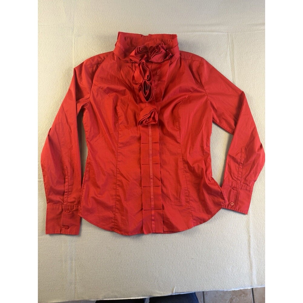 New York & Company Red Stretch Ruffle Collared Button-Up Blouse Long Sleeve M